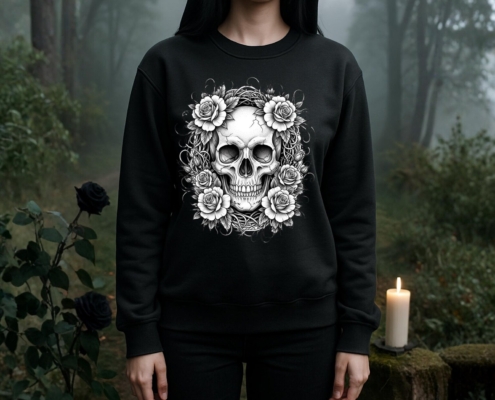 Gothic Sweatshirt mit Totenkopf & Rosen – Dark Skull Design – Schwarzer Unisex Pullover