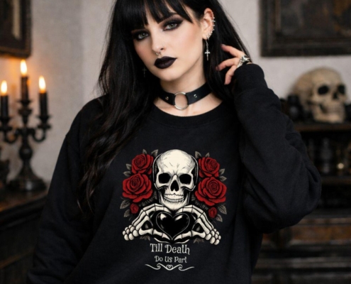 Gothic Pullover Unisex - Till Death Do Us Part - Valentine Design -| Rosen Gothic Skelett mit Rundhalsausschnitt